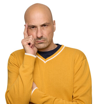 Bald Man in Yellow Sweater Thinking