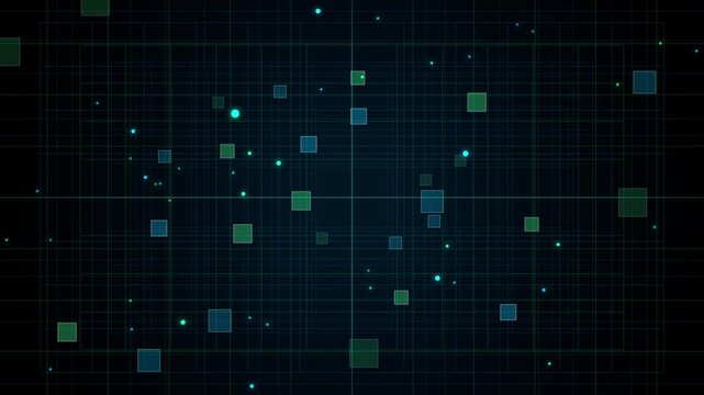 Abstract glowing grid pattern with colorful geometric shapes dynamic