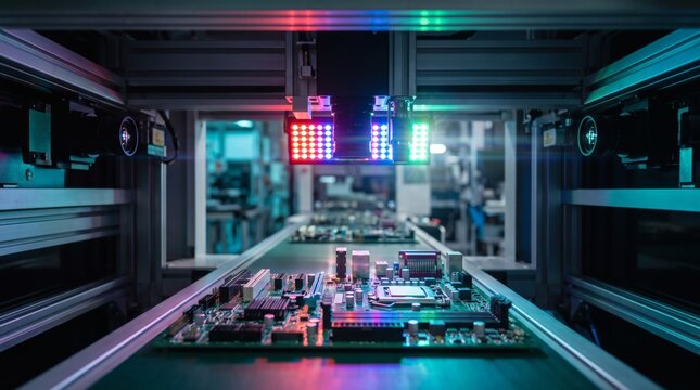 Automated factory production line assembling electronic circuit boards. Mount SMT pick and place machines working on motherboards. Electronics smart robotics technology creates visual.
