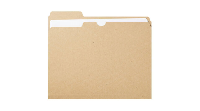 Brown manila paper file folder filled with important corporate documents isolated on transparent background