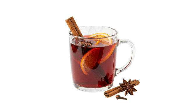 Hot mulled wine with cinnamon sticks and citrus slices served on transparent background
