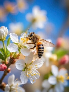 bee on flower blossom spring scene with blurred background