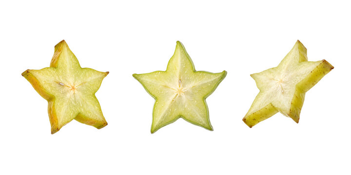 Three slices of fresh carambola star fruit isolated on a transparent background