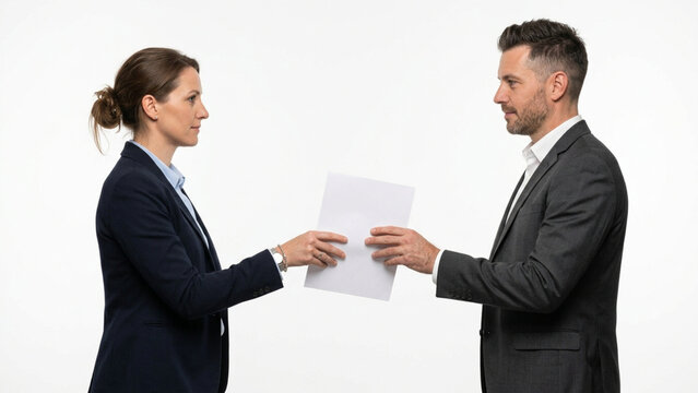 Business Man and Woman Exchanging Document Isolated on White Background