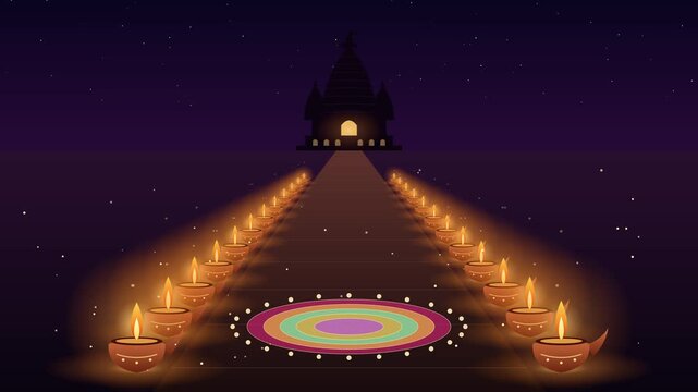 Diwali Temple Pathway Illuminated with Glowing Diya Oil Lamps and Rangoli