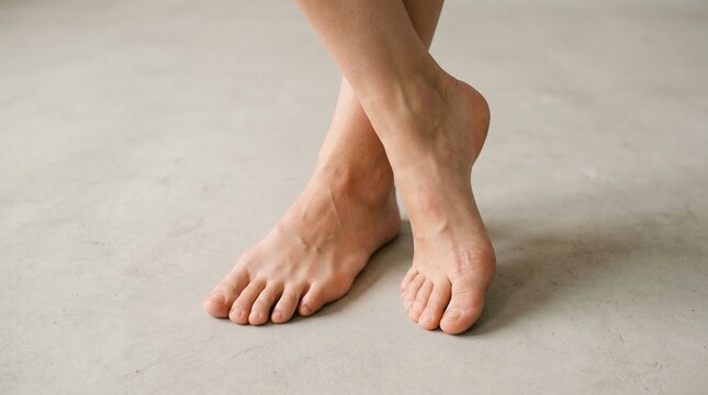 Barefoot woman standing with crossed feet on a light grey concrete floor emphasizing natural posture and calm.