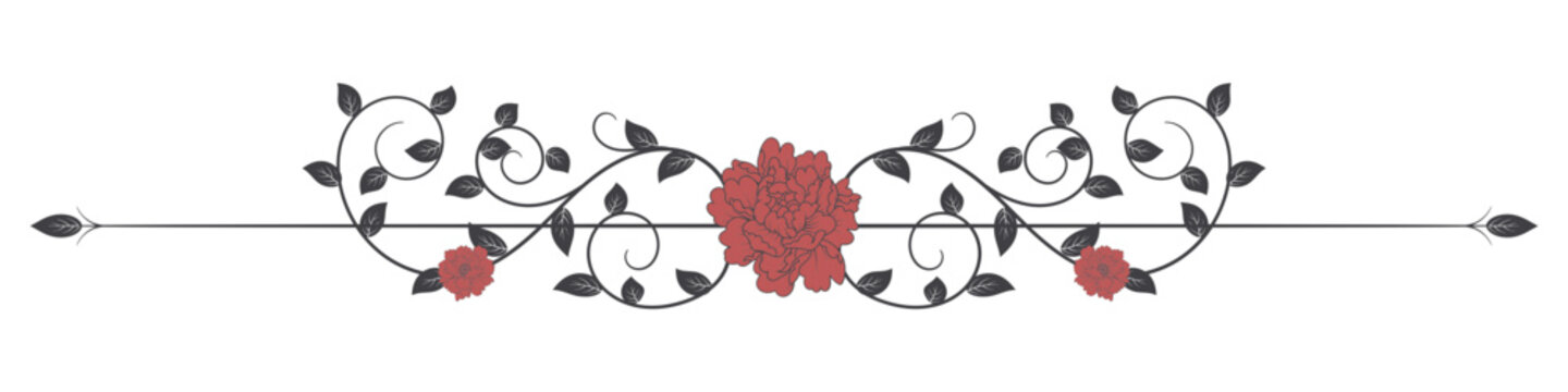 Red floral divider line vintage line for card decoration.