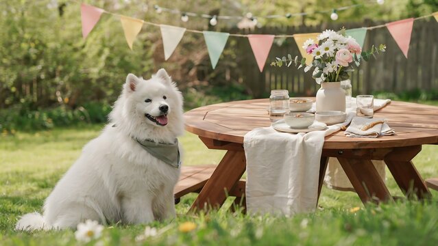 Fluffy white Samoyed sitting by wooden picnic table with flowers and bunting flags in garden