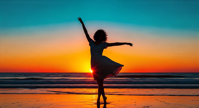 Graceful Dancer Silhouette Twirling on Beach at Sunset with Vibrant Gradient Sky