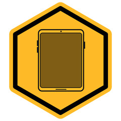A warning sign featuring a tablet icon inside a yellow hexagon with black borders, presented as a transparent PNG graphic for digital tech concepts and device alerts. © sh99