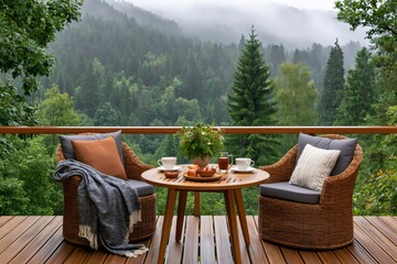 Fototapeta premium Cozy balcony furniture with forest mountain view