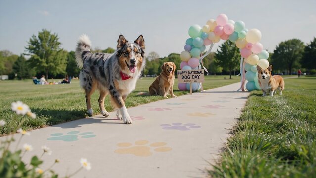 Australian Shepherd standing on path under pastel balloon arch in sunny park with colorful paw prints