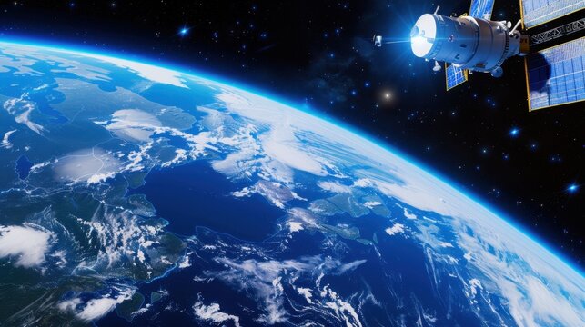 Stunning View of Earth from Space with Satellite Orbiting, Showcasing Blue Oceans and Green Landmasses Under Dark Starry Sky