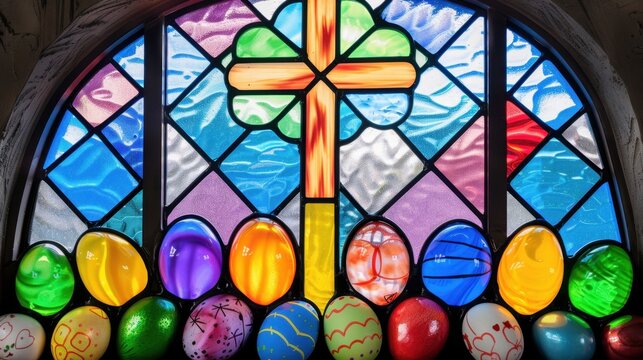 Colorful Easter Eggs on Windowsill below a Beautiful Stained Glass Cross and Floral Design in a Bright Church Setting
