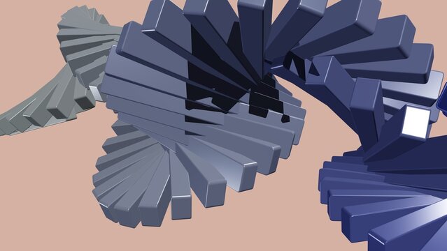 Blue and grey rectangular blocks arranged in a spiraling, parametric 3D structure helix de