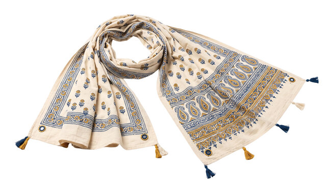 Elegant paisley printed cotton scarf, boho chic linen shawl with tassels, beige summer neck scarf isolated PNG with Transparent Background