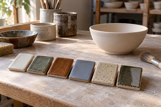 Ceramic glaze test tiles beside an unfinished pottery bowl