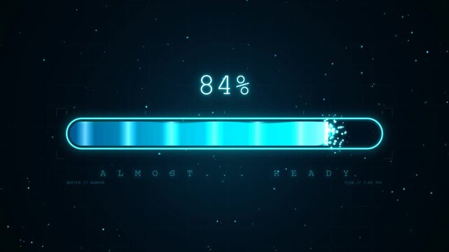 A glowing digital progress bar displays 84 percent completion with a futuristic energy effect against a starry background.
