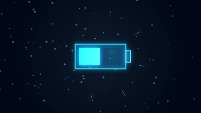 Minimalist battery icon with glowing blue charge level indicator floats in a starry digital space with cosmic particles.