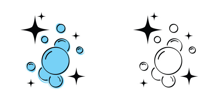 Cartoon bath soap with lather silhouette. Soap with foam and bubbles. Hand washing or cleanser. Personal hygiene, detergent. Water, rain drops. Splash silhouett