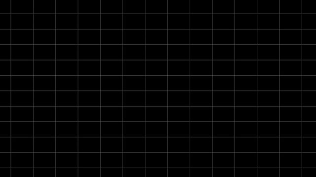 Black background with flowing white grid line square pattern motion graphics. Dynamic geometric graph paper mesh animation for technology gaming and broadcast design. Seamless dark video backdrop art.