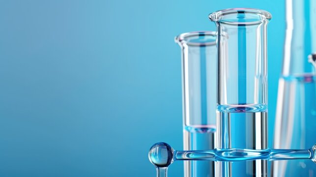 Clear laboratory glassware with liquid on a blue background showcasing science and experiment concepts in a modern setting