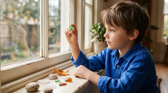 Boy in a blue shirt doing a hands-on craft project at a table with a friend nearby