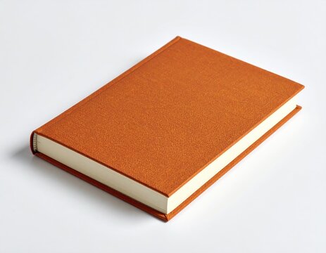A plain, closed orange-covered book lies on a white background