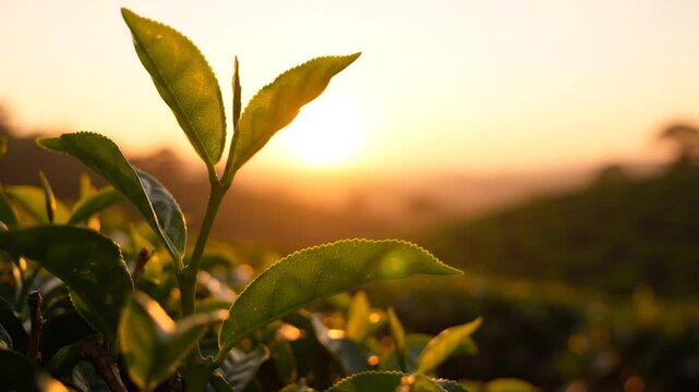 Fresh tea leaves glowing softly in the warm morning sunlight