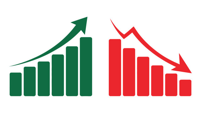 Graph Going Up and Down Sign with Green and Red Arrows for Business Growth, Financial Decline, Market Trends, Data Analytics, Performance Monitoring and Statistical Analysis Vector Design