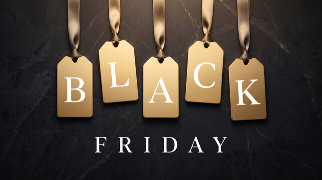 &Eacute;tiquettes dor&eacute;es suspendues formant Black Friday