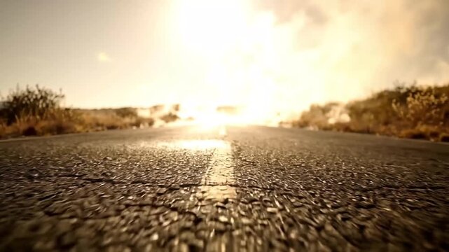 Low Angle View of Hot Asphalt Road Heading Into Bright Sun Flare