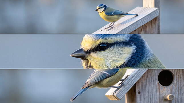 Montage de m&eacute;sange bleue sur un nichoir en bois