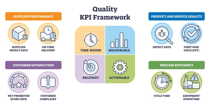 Quality KPI framework brief visualizes time-bound, measurable, relevant, actionable pillars, key icons are clock, bar chart, target, linking supplier, product, customer, process. Outline diagram