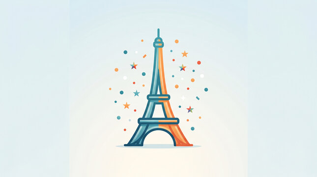 Tour Eiffel dessin&eacute;e en couleurs fran&ccedil;aises et confettis