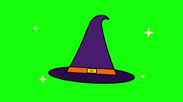 Animated purple witch hat with magic sparkles, Halloween cartoon cap on green screen background, chroma key animation