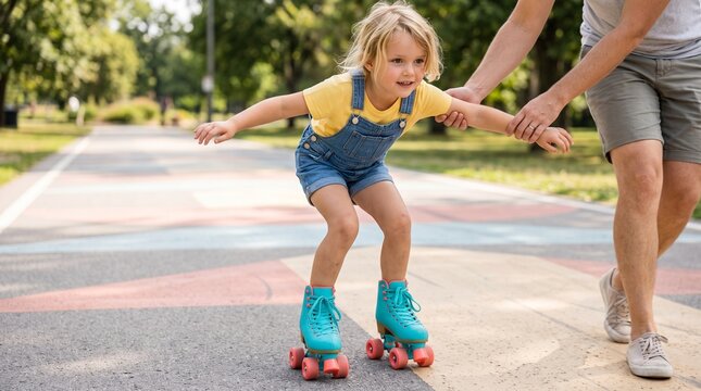 Joyful girl leaping on a colorful painted playground with arms outstretched+D9