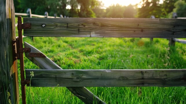 Rustic wooden fence gate at sunset with vibrant green grass and soft natural light creating a tranquil rural atmosphere