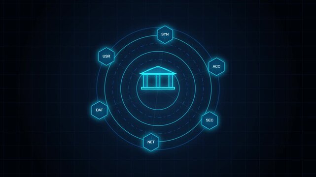 A glowing circular interface highlights a bank building icon connected to surrounding digital nodes in a network layout.
