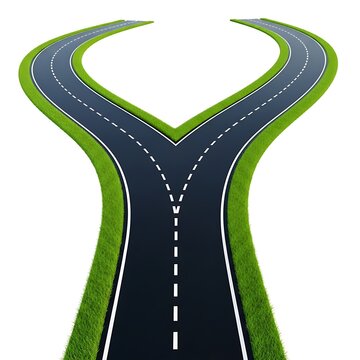 A two lane asphalt road splitting into two different directions on green grass verge