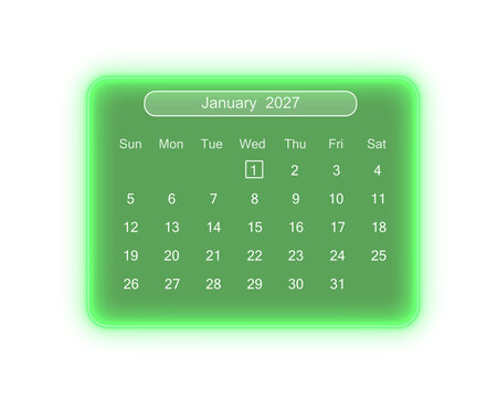 2027 january calender neon glowing, Glowing green digital calendar icon showing January 2027, isolated on a transparent background. The first day is highlighted in a simple modern interface.