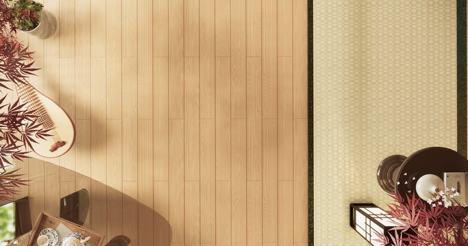 Autumn concept, Top view Japanese room with decortion japanese style on tatami mat flooring ,sunlight streamed in room.3D rendering