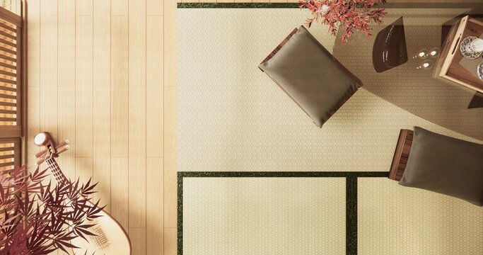 Autumn concept, Top view Japanese room with decortion japanese style on tatami mat flooring ,sunlight streamed in room.3D rendering