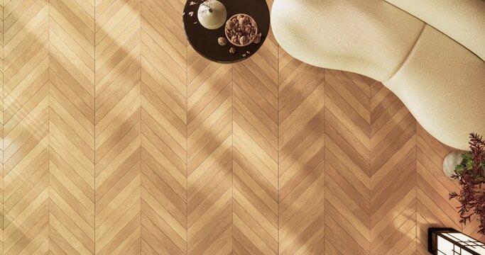 Japanese room viewed from above with sofa set placed on wood flooring and sunlight streamed in room.3D rendering