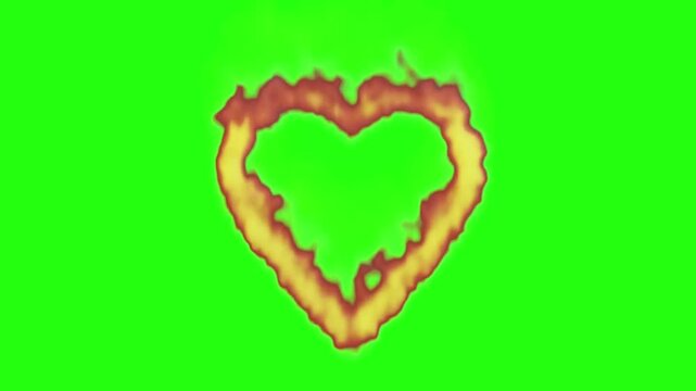 Flaming burning heart shape outline fire effect on a keyable chroma key green screen background