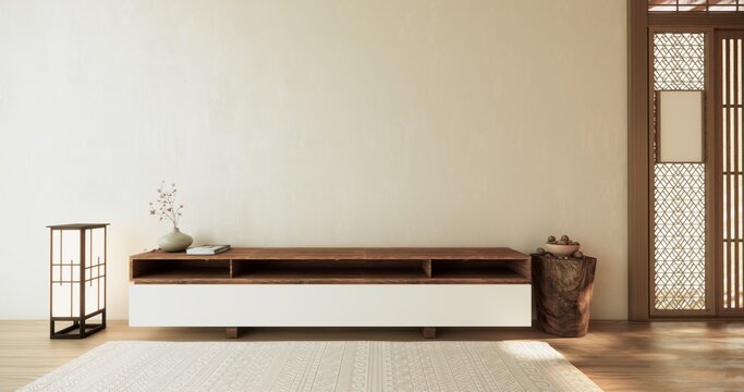 wooden cabinet in modern empty room and white wall on white floor room japanese style. 3d rendering