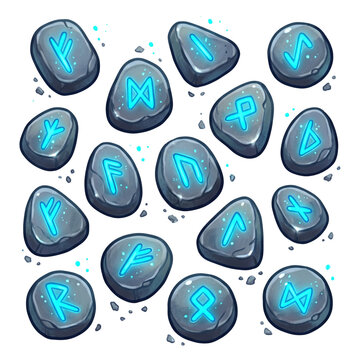 Set of glowing blue rune stones with ancient symbols, mystical divination illustration isolated on transparent background