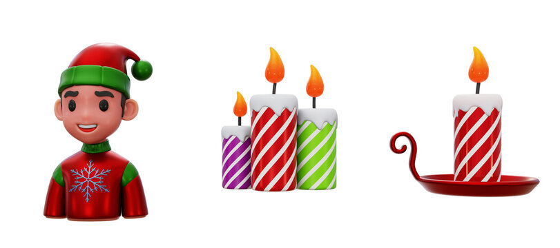 Cute christmas 3d icon set featuring festive elf character and candles transparent png