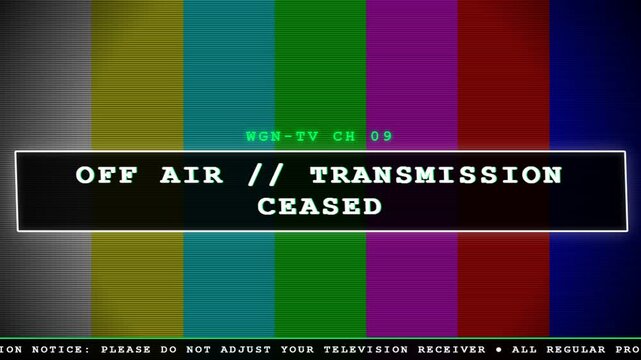 Vintage television color bars test pattern with off air broadcast message