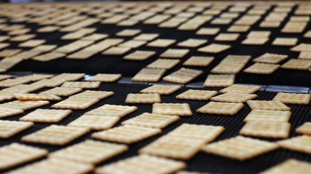 Close-up of rectangular crackers moving in rows along a conveyor belt at a food factory. Automated production of crispy baked snacks and biscuits on an industrial processing line.